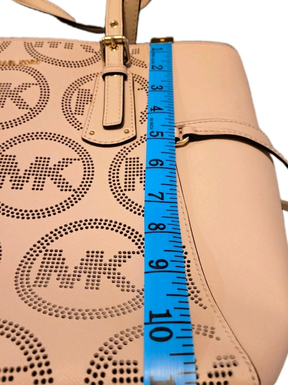 Michael Kors MK Logo Perforated Pink Blush Tote Shoulder Bag Gold Hardware